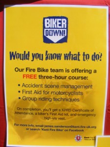 Biker down flyer Biker down flyer, offering a free three hour course in dealing with accidents, first aid, group riding techniques.