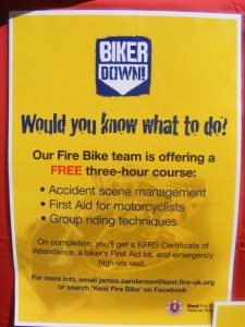 Biker down flyer, offering a free three hour course in dealing with accidents, first aid, group riding techniques.