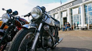 Picture of Cafe Racer bikes parked outside the Ace Cafe