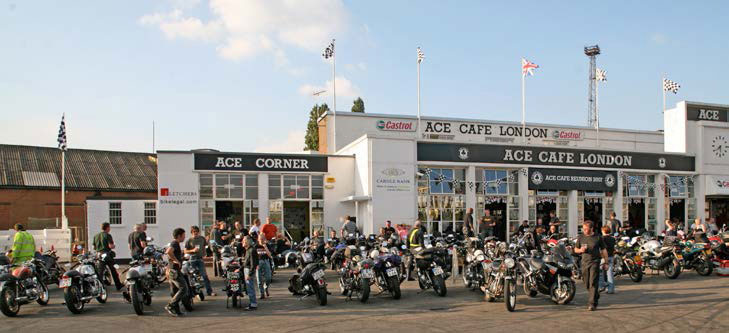 view of a crowd of bikes outside the Ace Cafe London