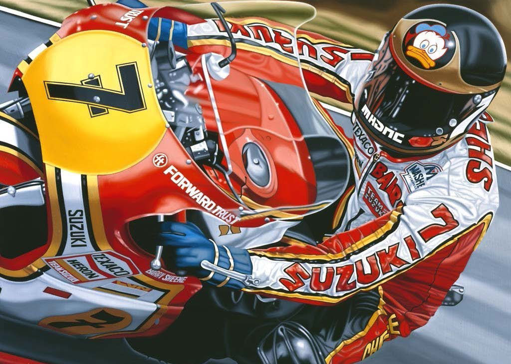 Painting a Barry racing his No 7 Suzuki, close up.