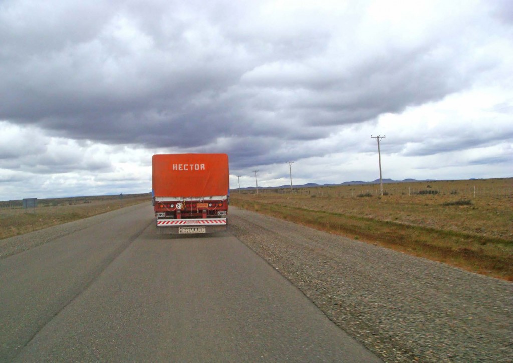 View of the back of truck on an Argentinian road.